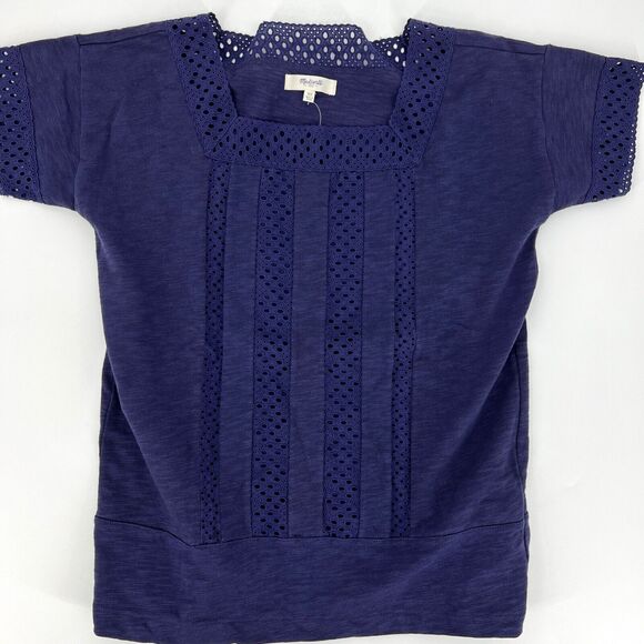Madewell Navy Blue Eyelet Inset VIGNETTE Shirt Blouse NWT Women's top size XS - Picture 4 of 11